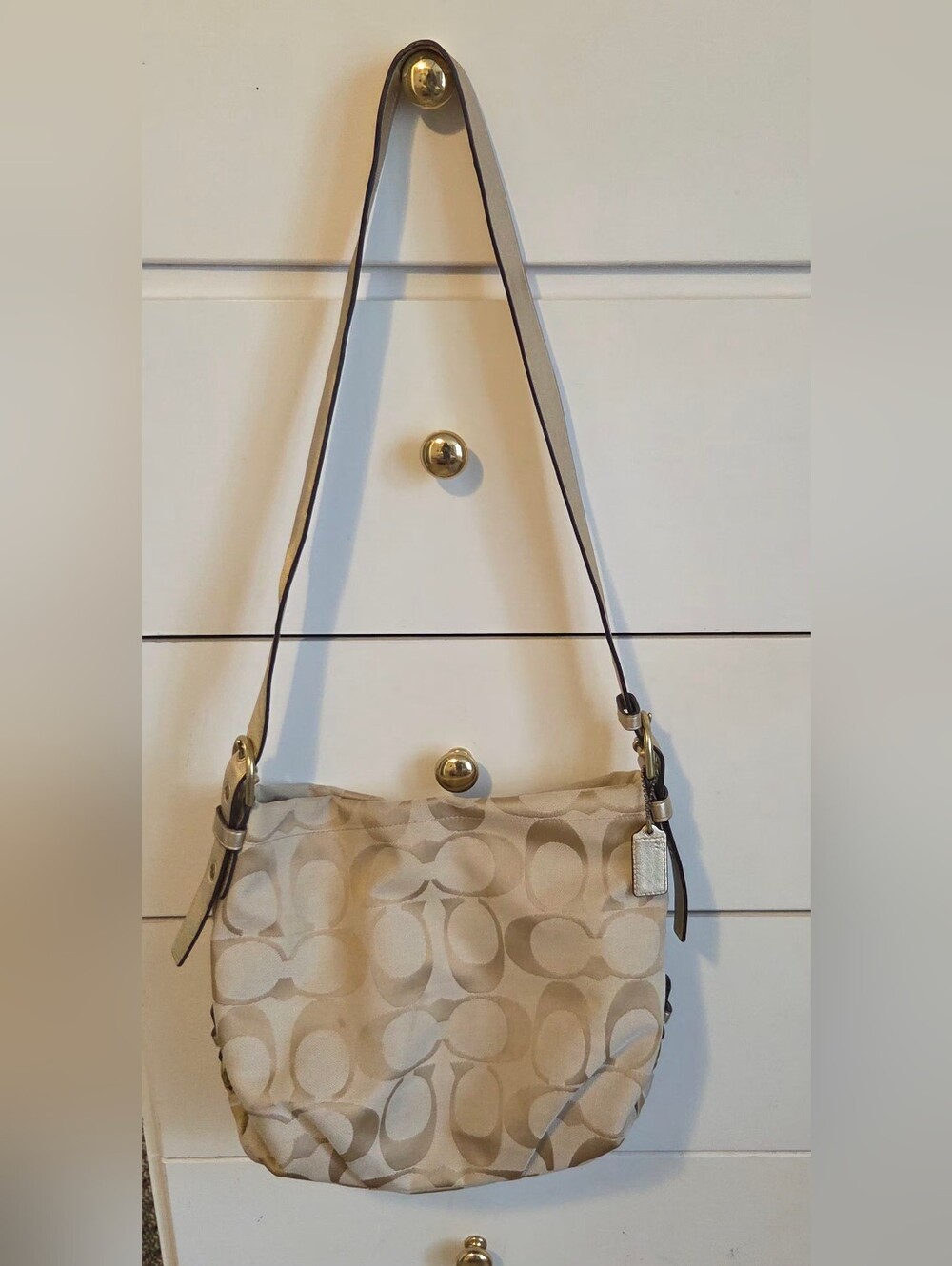 Coach Beige Signature Canvas Crossbody with Leather Trim